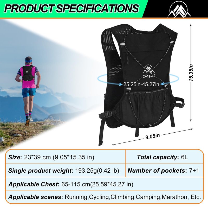Running Vest for Women Men, Lightweight (194g/8 Bags) Hydration Backpack Running Phone Holder Vest for Hiking Trail Cycling Race Marathon Runners Essentials (Black, Adjustable)