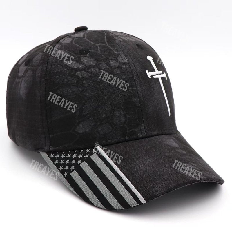 Redeemed 3 Nails Cross Hat with American Flag Christian Hats for Men Women Adjustable Cotton Embroidered Baseball Cap Black