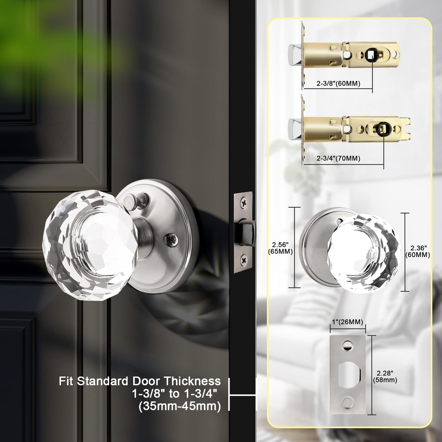 Lepushom 5 Pack Crystal Door Knobs Interior, Elegant Satin Nickel Glass Door Knobs, Keyless Privacy Door Locks for Bedrooms and Bathrooms