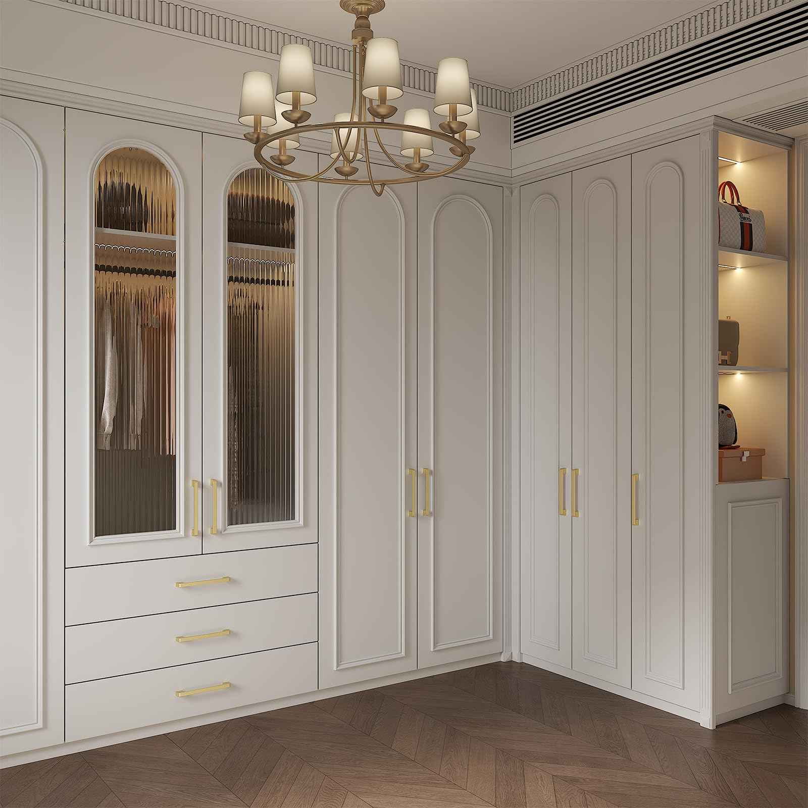 Haliwu 30 Pack Cabinet Handles Brushed Gold Cabinet Pulls 5 Inch Hole Center Drawer Pulls Modern Square Dresser Handles for Bathroom Kitchen Bedroom, Zinc Alloy