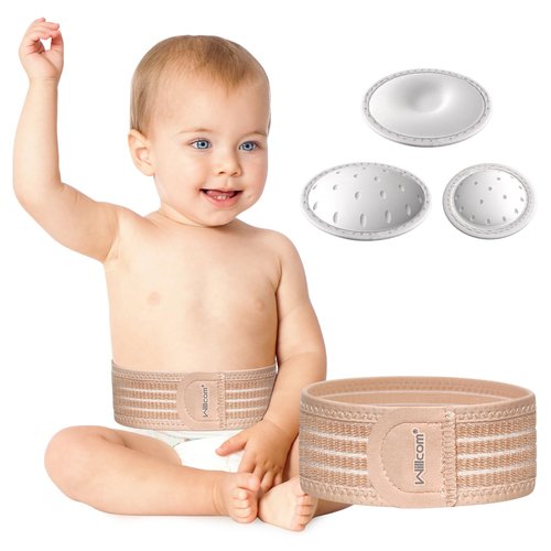 Willcom Umbilical Hernia Belt Baby, Belly Button Band Infant Belly Wrap Truss Abdominal Binder - with 3 Different Shaped Compression Pads for Newborn, Infant, Children, Toddler (Khaki-Reg)