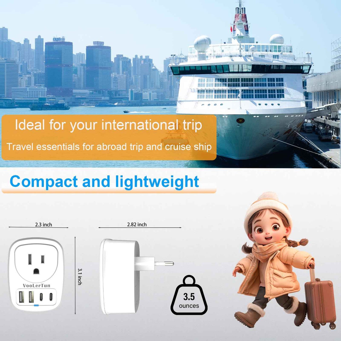 2 Packs Type C Plug Adapter, VooLerTun Denmark Germany Frence Travel Adapter with 4 USB Charger Ports (2 USB C) Power Adapter, 1 American Outlet Adapter. US Converter for EU European Travel