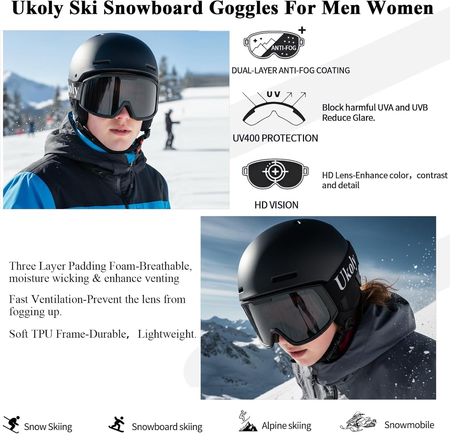 Ukoly Ski & Snowboard Goggles - HD Anti-Fog Lens, UV400 Protection, OTG Design for Men & Women