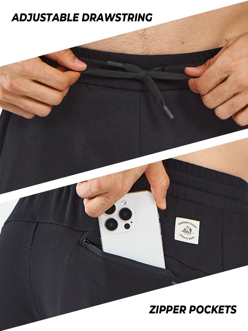 NORTHYARD Men's Cotton Athletic Jogger Sweatpants with Zipper Pockets Running Workout Gym Tapered Pants Comfy Lounge Pants Black L