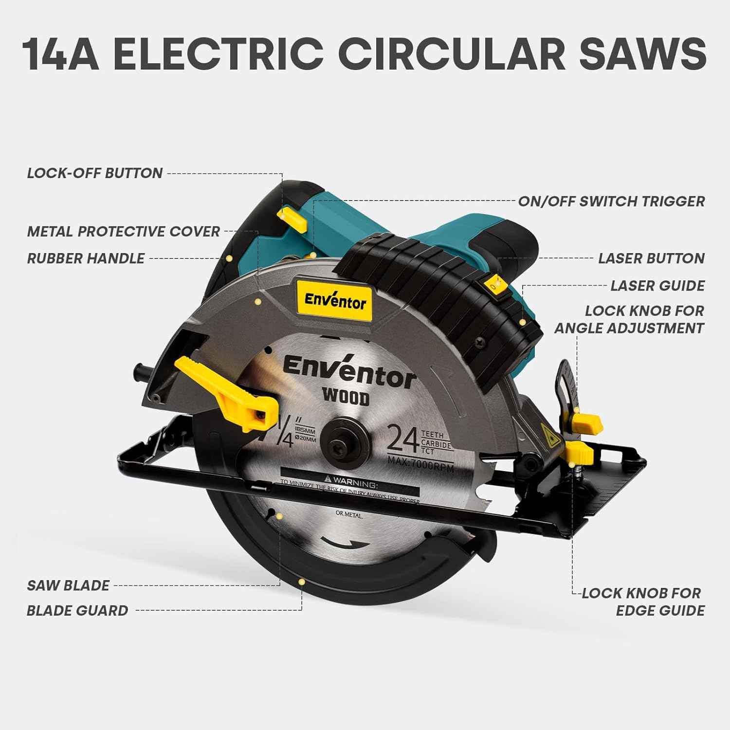 14A Electric Circular Saw with Laser Guide & 2 Blades - 7-1/4 Inch, 5500RPM