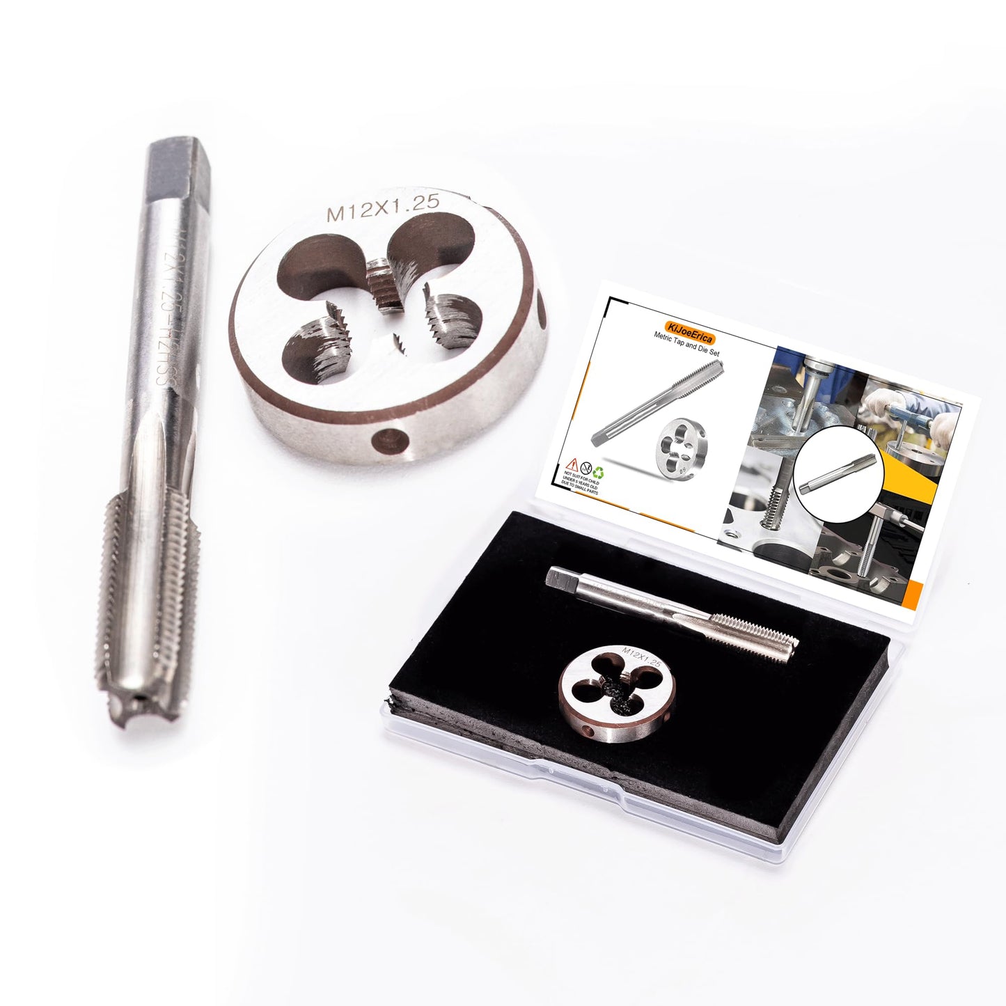 M12 x 1.25mm Metric Tap and Die Set, M12 x 1.25mm High-Speed Steel Machine Round Tap Die Set, Right Hand Thread Tap and Round Thread Die Tool