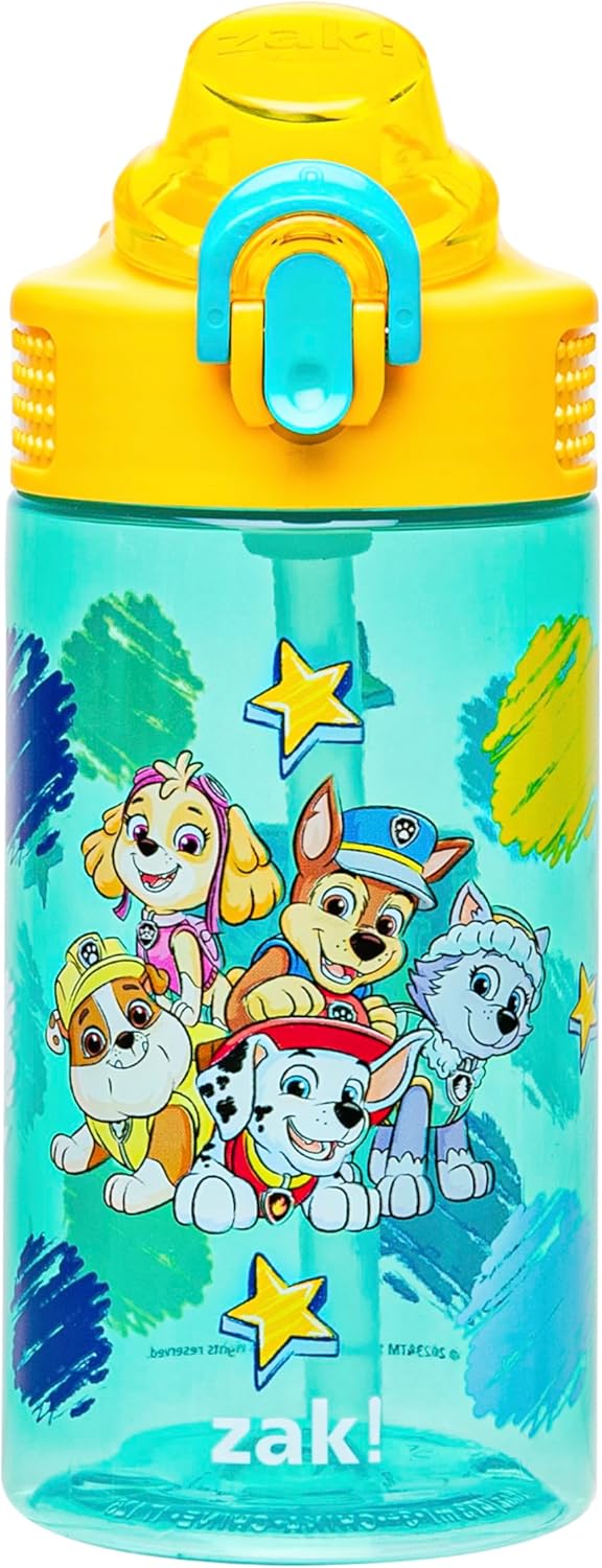 Zak Designs PAW Patrol Water Bottle - 16oz Durable Plastic With Straw & Leak-Proof Cover | Perfect for School & Travel