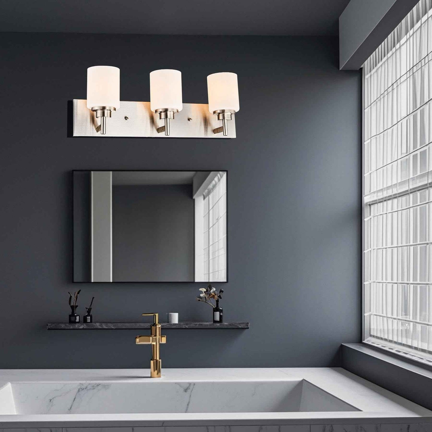 landskylite Bathroom Vanity Light Fixture, Brushed Nickel，24" 3 Lights，Offset Mount, Modern Wall Sconce，White Glass & Large Backplate - Farmhouse Lighting for Bathroom, Living Room, Hallway, Bedroom