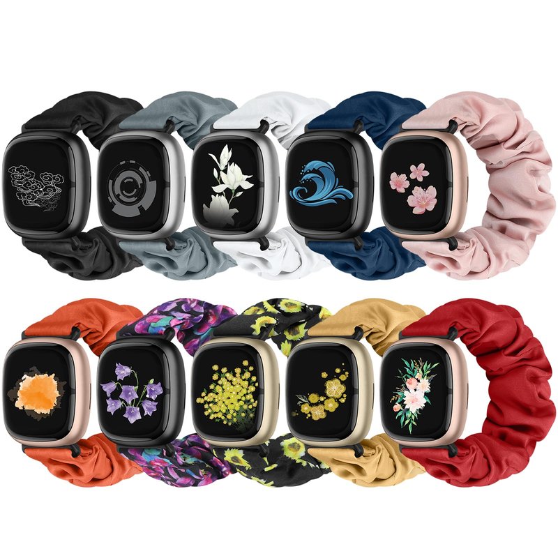 Acortjl 10 PCS Compatible with Fitbit Versa 4/Sense 2/Versa 3/Sense Scrunchie Band, Soft Cute Pattern Printed Fabric Elastic Solo Loop Cloth Scrunchy Replacement Wristband for Women
