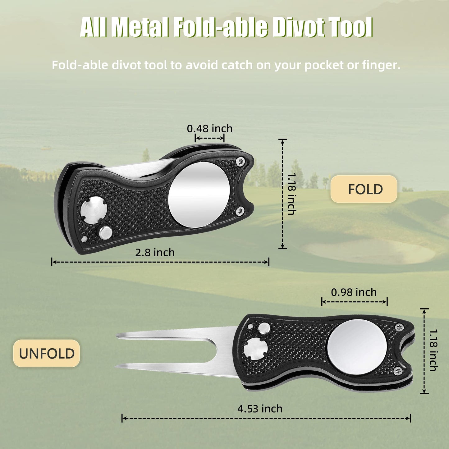 Mile High Life 3 Pack Golf Divot Repair Tool w Magnetic Golf Ball Marker | All Metal Foldable Divot Tool w Pop-up Button | Golf Accessories for Men (Black/Red/Blue)