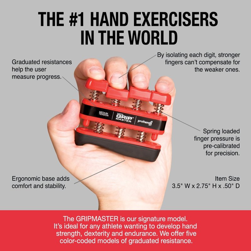 Prohands Gripmaster Hand Exerciser, Finger Exerciser (Hand Grip Strengthener), Spring-Loaded, Finger-Piston System, Isolate and Exercise Each Finger, (7 lb Medium Tension, Red-Gripmaster)