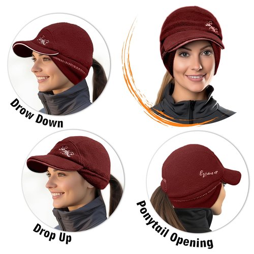 EZPACE Fleece Ponytail Hat for Women with 3M Thinsulate Ear Warmer Running Gear Winter Cold Weather（Burgundy