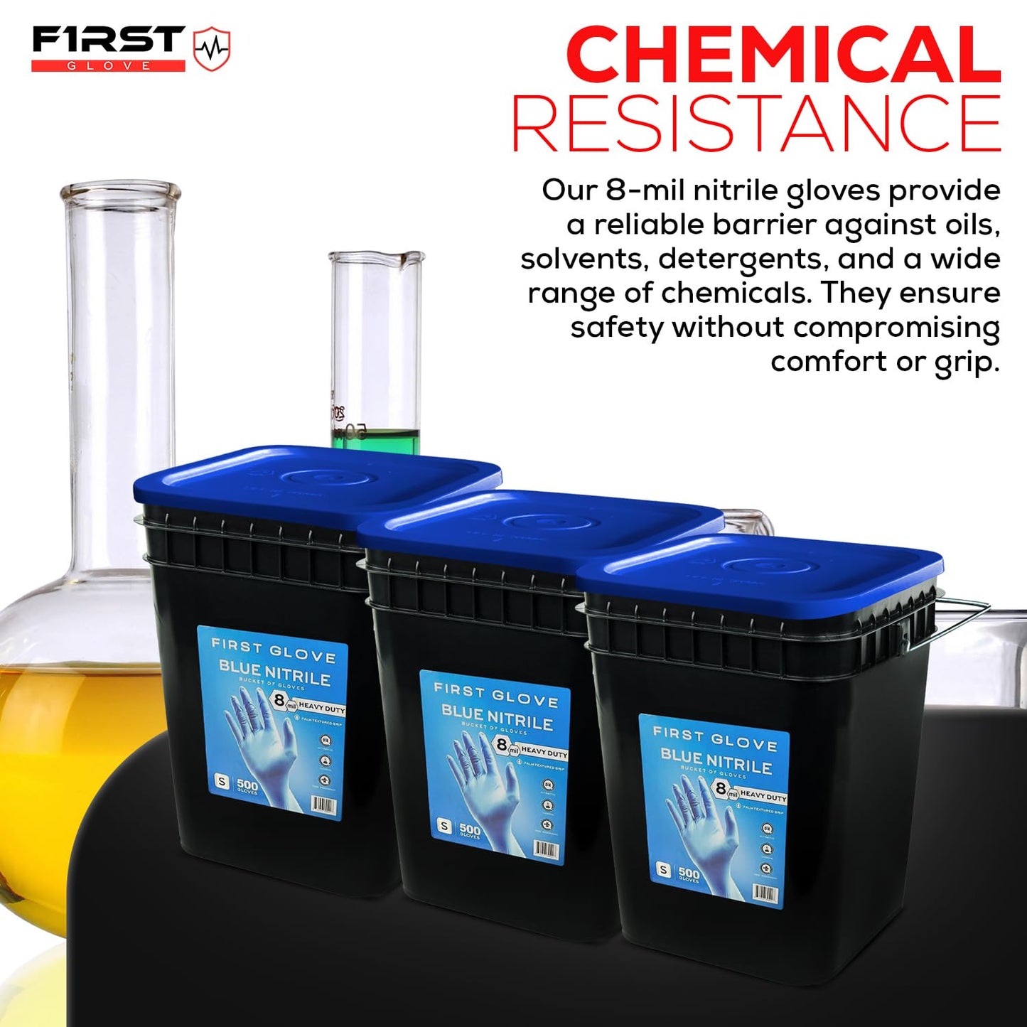 First Glove Nitrile 8 Mil Bucket Fully Textured Blue Gloves - Heavy Duty Gloves for Industrial Automotive, Food, Janitorial & Work - Glove with Diamond Grip & Powder-Free - 500 Count Large