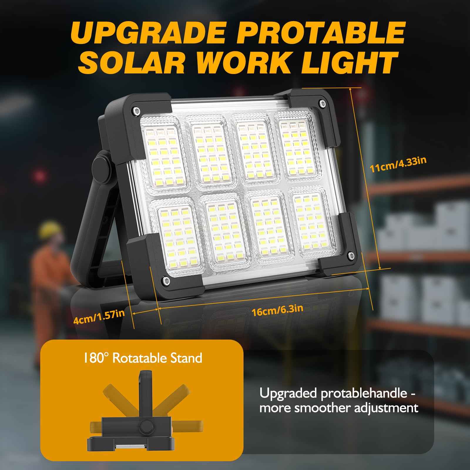120W Solar Rechargeable Work Light, 144 LED 10000LM Led Work Light with 4 Modes, Portable Flood Light with Stand, IP66 Waterproof Outdoor Working Light for Emergency Mechanic Camping Repair (Black)