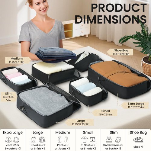 BAGAIL Compression Packing Cubes - Expandable Travel Organizers with Half Mesh Design | 6 Black Set