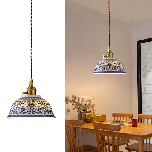 7in Ceramic Pendant Light, Chinese Blue and White Porcelain Pendant Light fixtures, Bedside Light, Hanging lamp for Kitchen Island Light Fixture, Home Bedroom Dining Room Ceiling Hanging Light small
