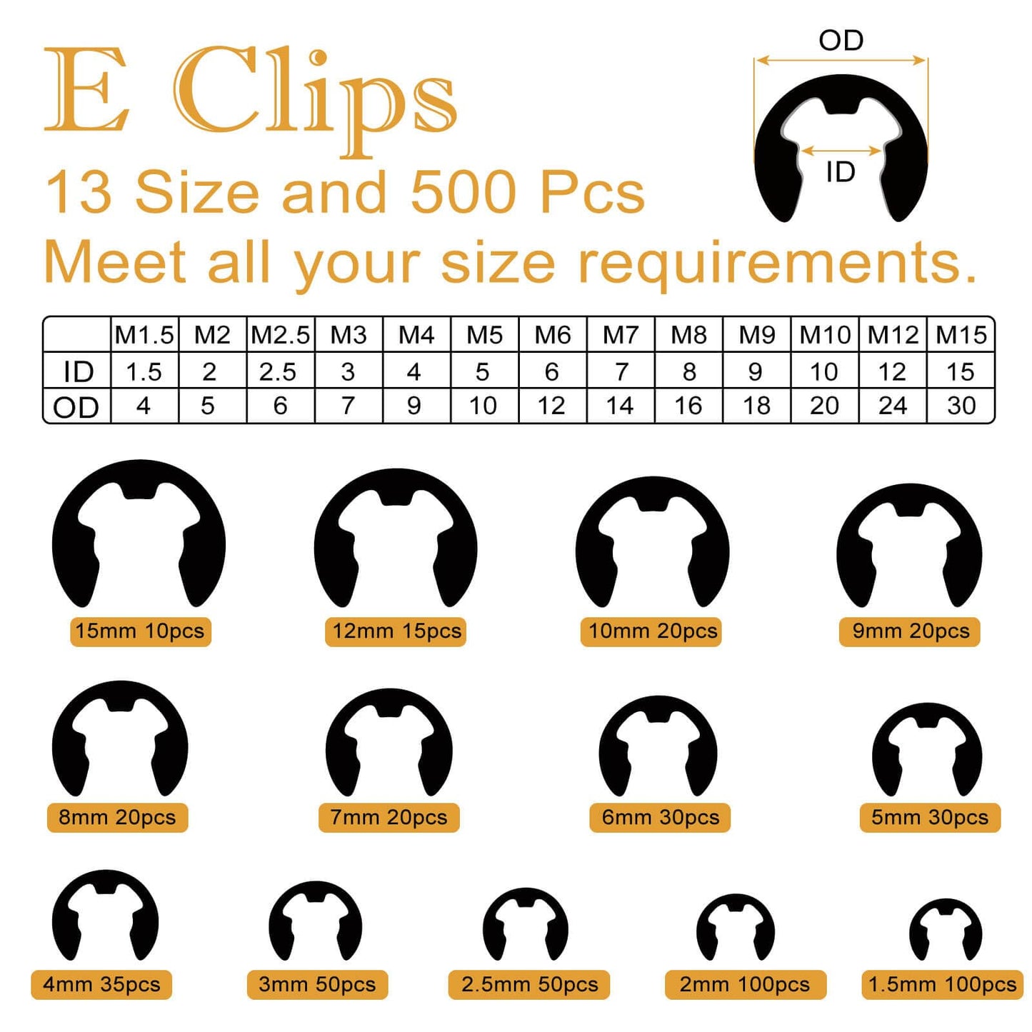 1000Pcs C Clips Assortment (M3-M28 19 Sizes) & E Clips Assortment Set (1.5mm-15mm 13 Sizes) | Black Carbon Steel Snap Rings Kit | Retaining Clip, Circlip, Fix-Rings for DIY/Industrial