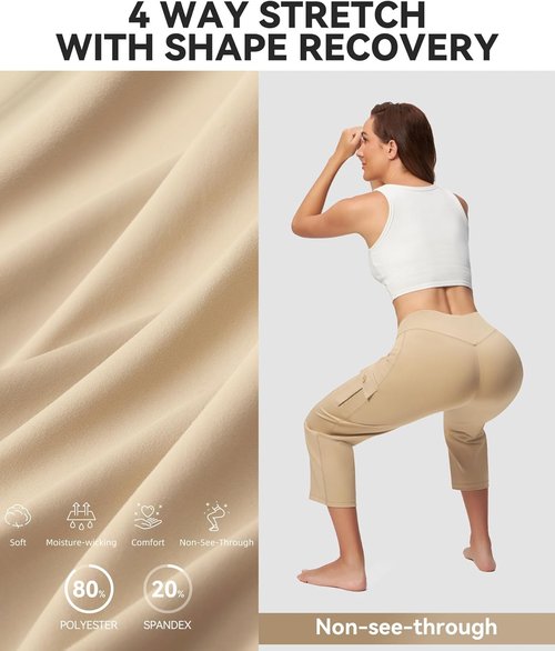 Casei Women's Yoga Capris - High Waisted Cargo Pants with Pockets | Casual Workout & Travel, 21" Length