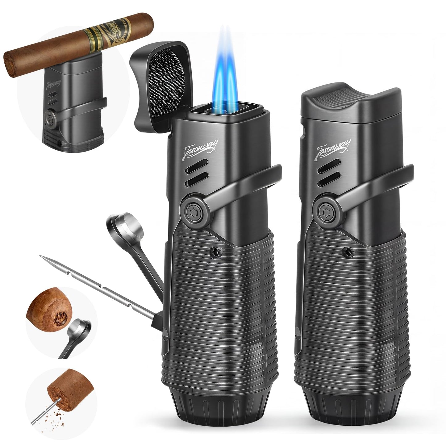 Tesonway Cigar Lighter 2 Pack, Windproof Refillable Butane Torch Lighter, Multifunction Cigar Accessories Butane Lighter with Cigar Holder, Cigar Draw Enhancer and Cigar Punch, Butane Not Included