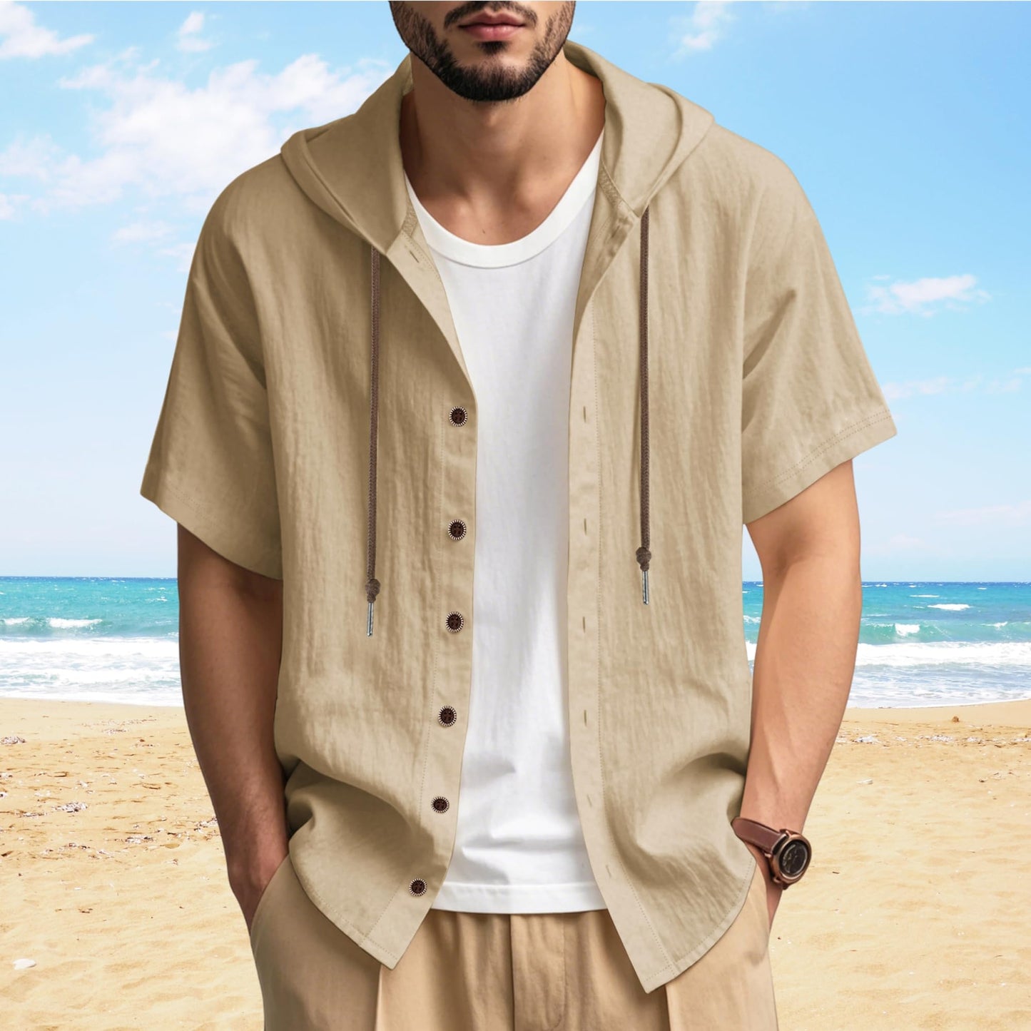 Men Linen Button Down Shirt Short Sleeve Summer Casual Beach Tees Vacation Tops Lightweight Hoodies 2025 Brown