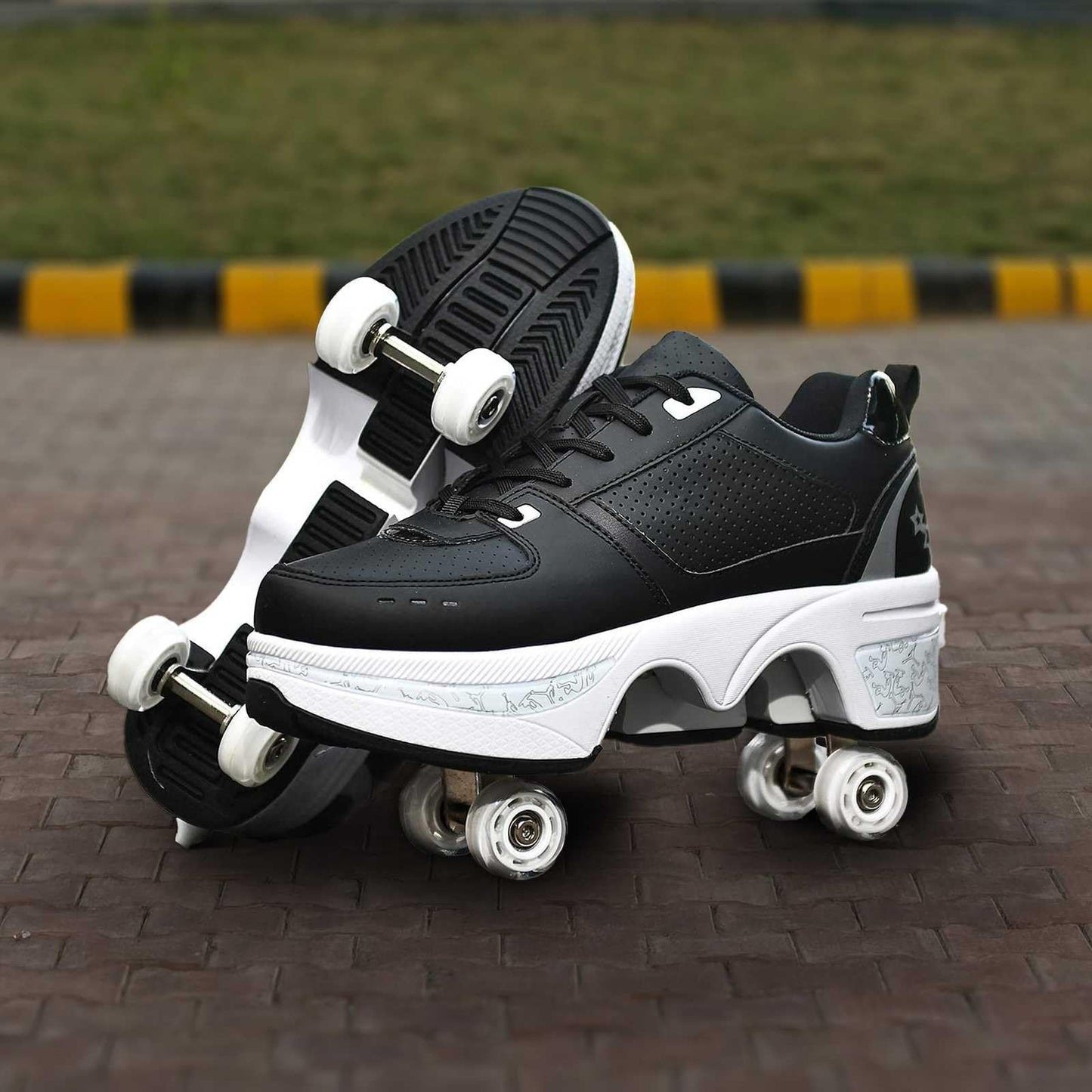 UonrvaoN Roller Skate Shoes for Men, Double-Row Deform Wheel Automatic Walking Shoes, Retractable Roller Skate, Shoes with Wheels, Skating Shoes for Outdoor Fun & Fitness Black Silver, 6.5