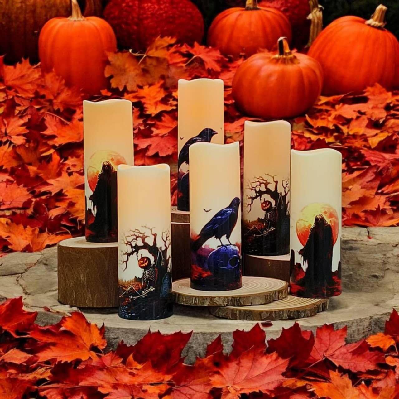 Halloween LED Flameless Candles, Gothic Design, Set of 6, 6x3 / 2.15 inch, Remote Control with Timer, Battery Operated (6, D 2.15 ")