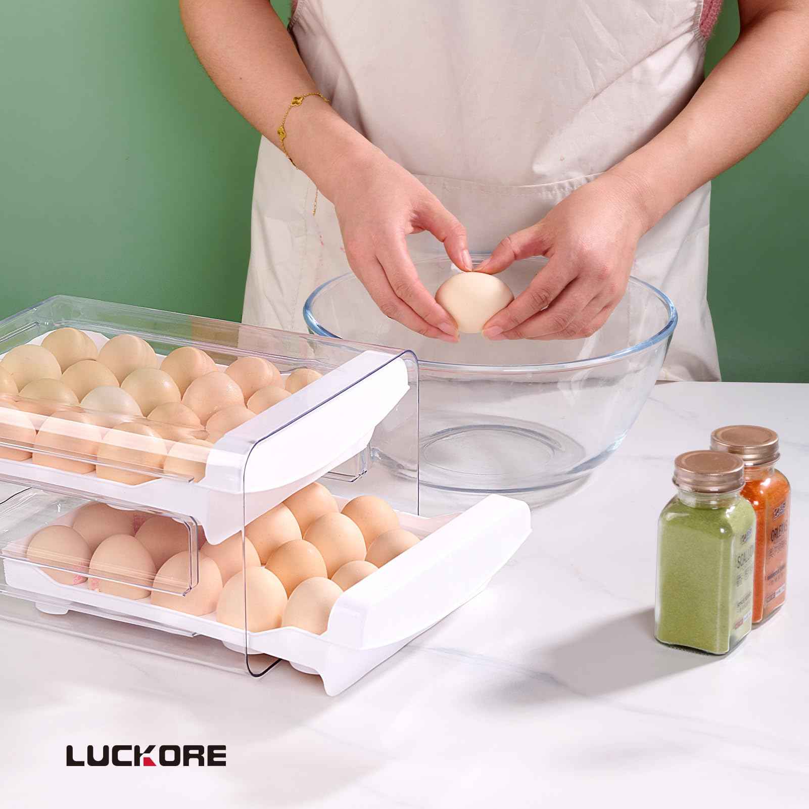 Luckore Egg Container Holders Dispenser for Refrigerator 40 Eggs, 2 Tier Clear Stackable Holder Tray with Drawer for Fridge, Storage Container with Handles for Refrigerator, Countertop