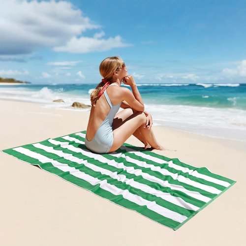 Cabanana Large Oversized Beach Towel - Soft Green Striped Cotton Pool Towel, 35 x 70 Inch