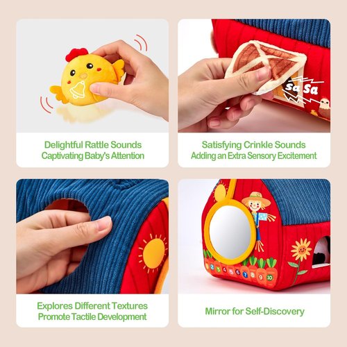 Hahaland Baby Toys - Surprise Barn Stuffed Farm Animals | Rattle, Crinkle, Montessori Sensory Toys for 6-12 Months