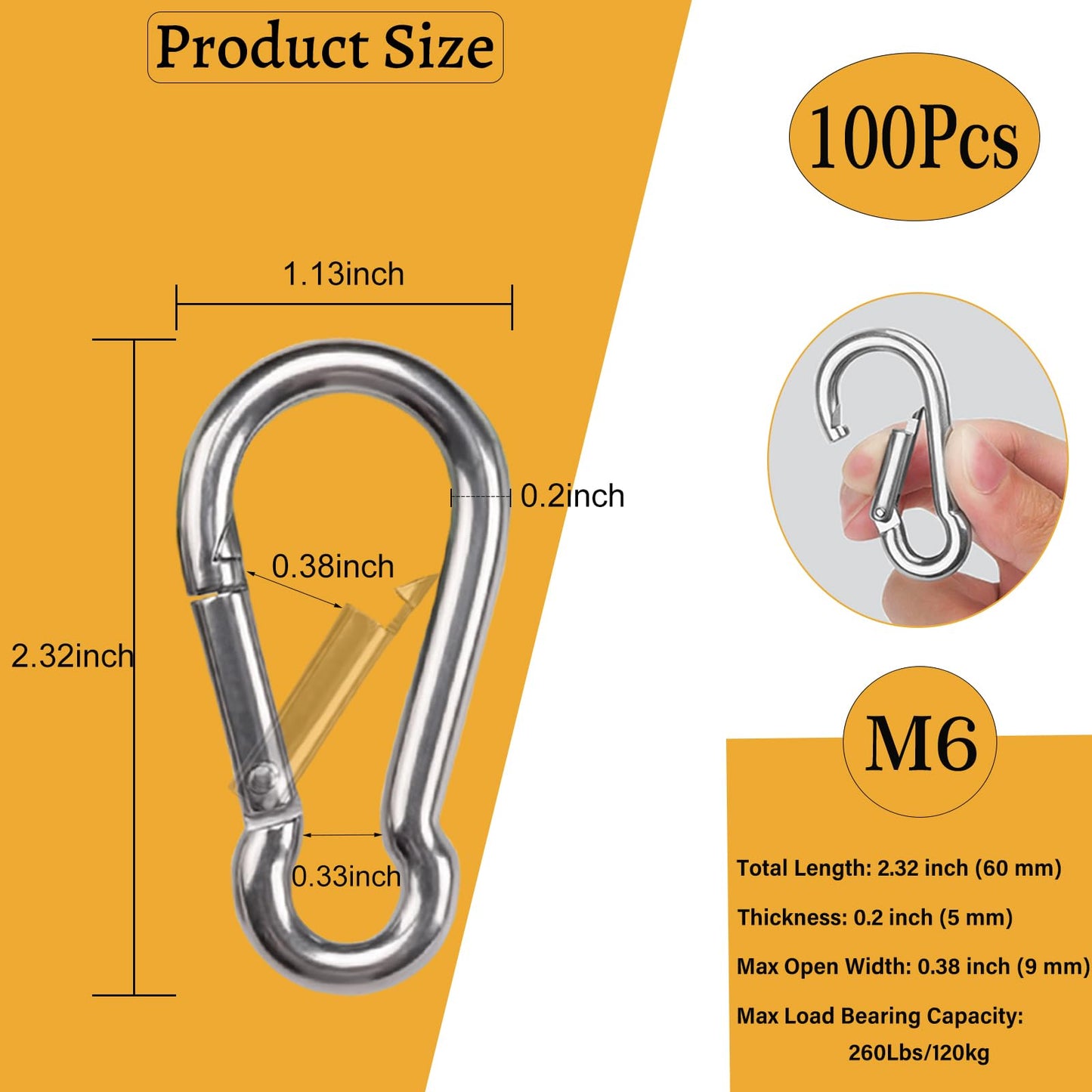 100Pcs 2.4" Carabiner Clip Spring Snap Hook, M6 2-3/8 Inch Heavy Duty Galvanized Steel Spring Snap Hook, Quick Link Keychain Clip for Keys Swing Set Camping Fishing Hiking Traveling(260 lbs Capacity)