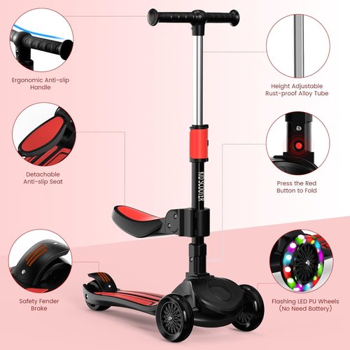 KickScooter 2-in-1 Adjustable Kids Scooter - 5-Level Handlebar, Removable Seat, LED Wheels | Foldable Design for Ages 3-12