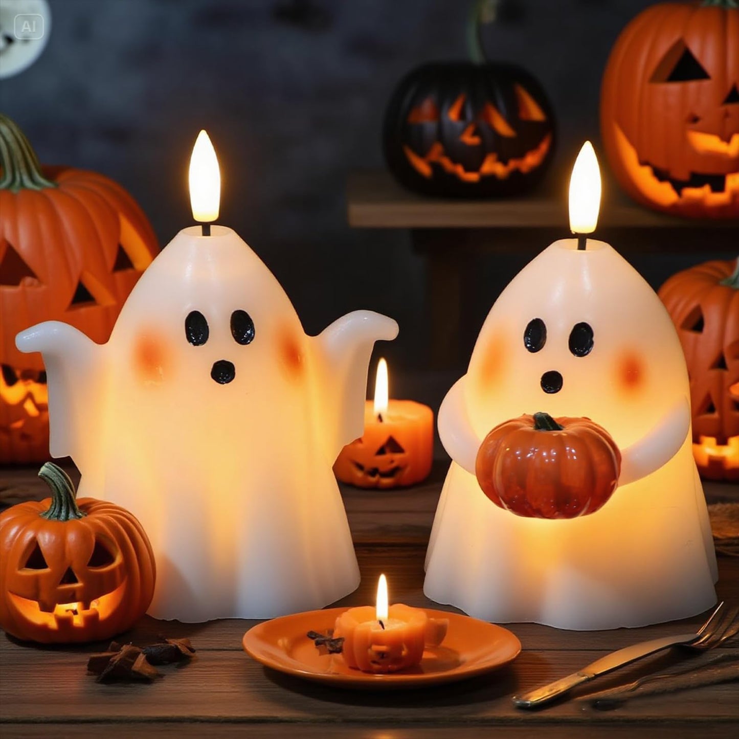 Eldnacele Halloween Ghost Flickering Flameless Candles with 6 Hour Timer, Battery Operated Tea Lights White Spooky Ghost Lights Wax Candles Indoor Fireplace Holiday Decorations Gifts(2Pcs, D3.5×H5)