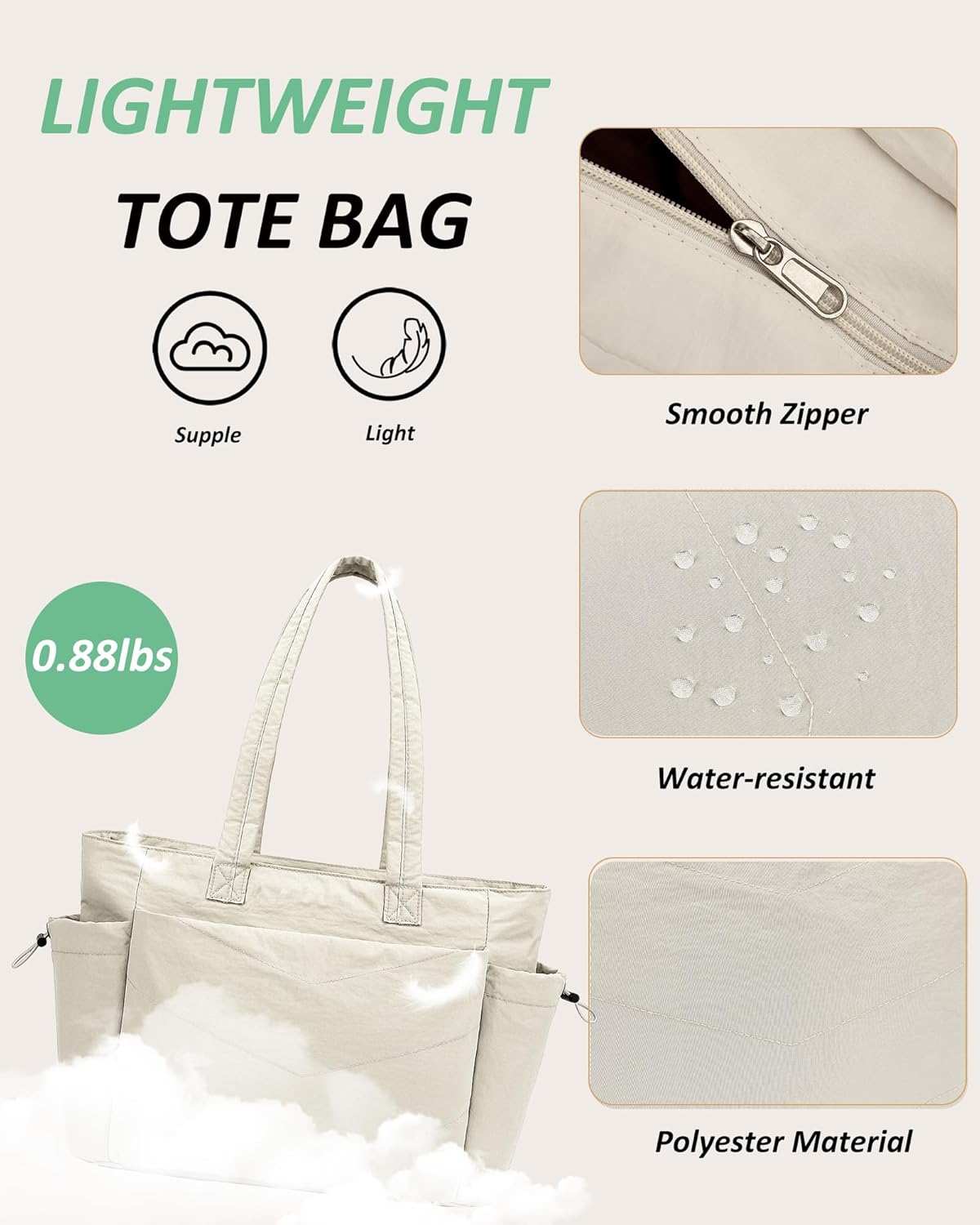 TANTOMI Puffer Tote Bag - Lightweight Quilted Shoulder Bag with Zipper for Work, Travel, School, Gym