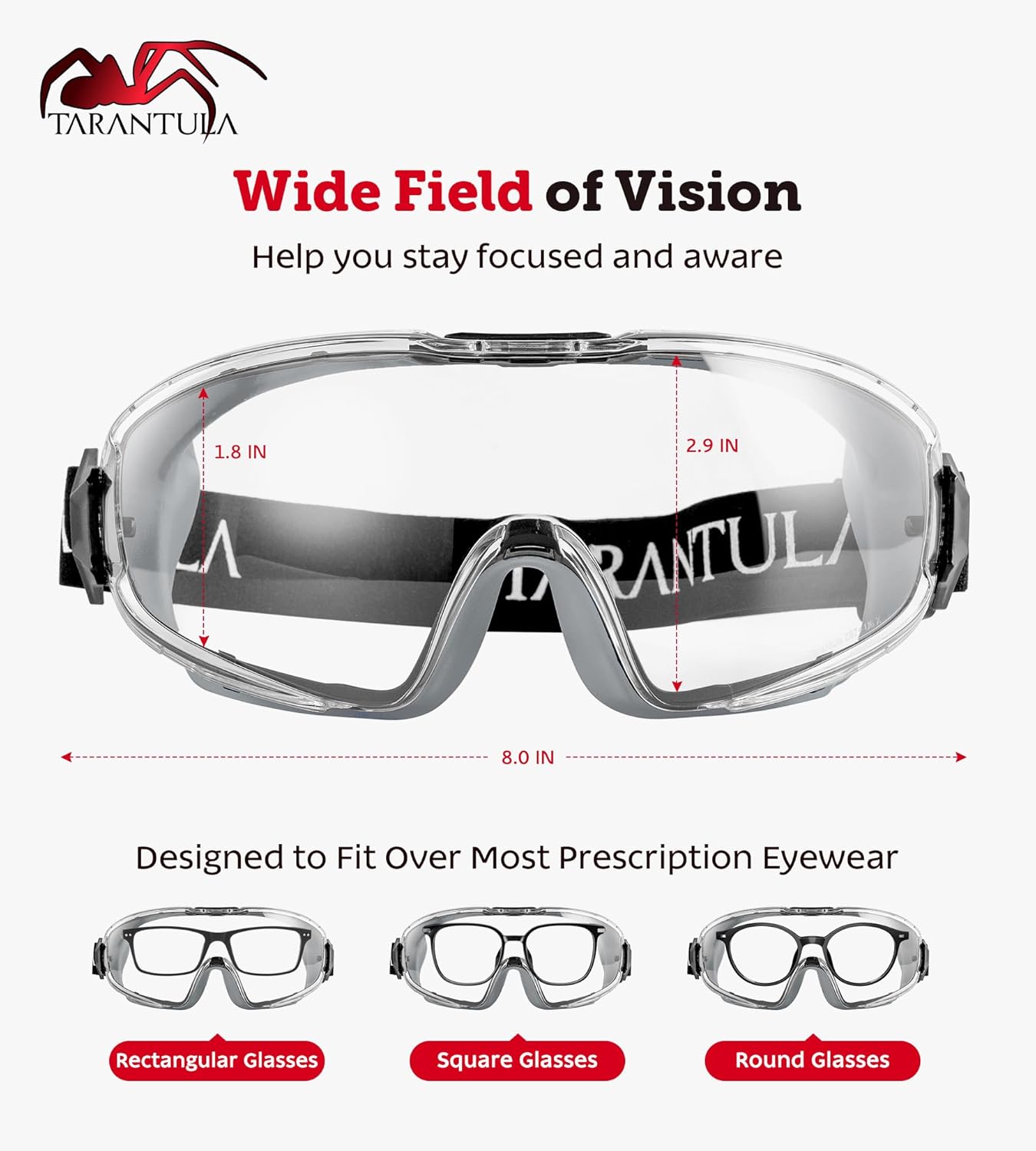 Tarantula Safety Goggles - ANSI Z87.1+ Over Glasses, Anti-Fog & Anti-Scratch, Adjustable Strap | Lab Eye Protection