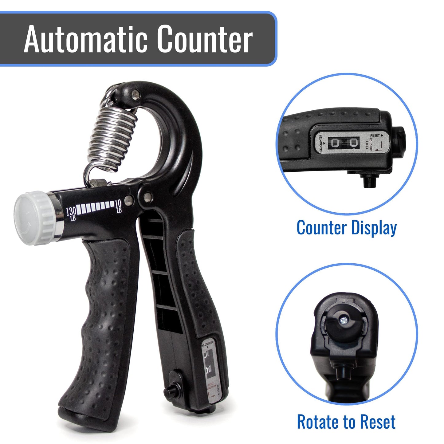 DMI Compact Hand Exercise Grip Strengtheners with Adjustable Weight Resistance from 10-130lbs, Grip Tracker keeps Track of Number of Squeezes, FSA & HSA Eligible, Set of 2