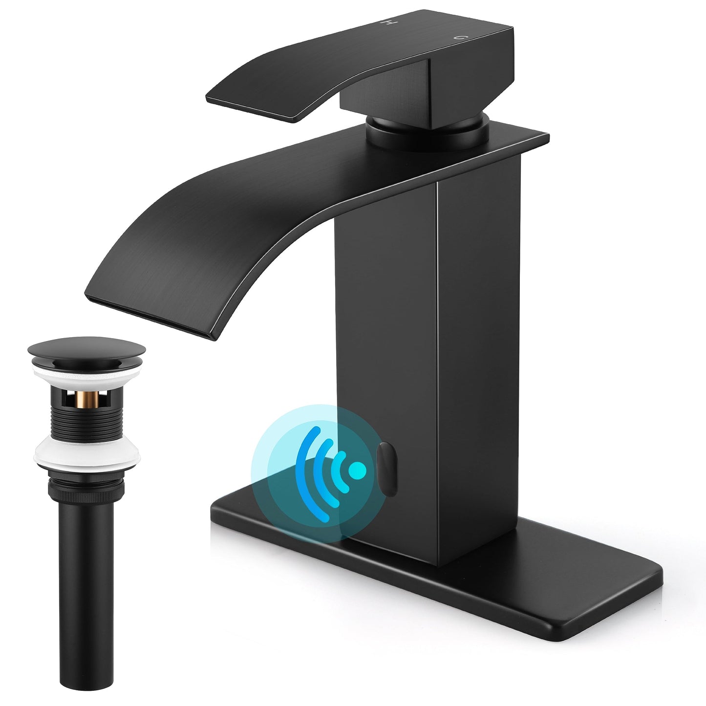 Touchless Bathroom Sink Faucet, Herogo Automatic Sensor Matte Black Waterfall Stainless Steel Bathroom Faucet with Brass Pop Up Drain for Vanity RV Lavatory Farmhouse