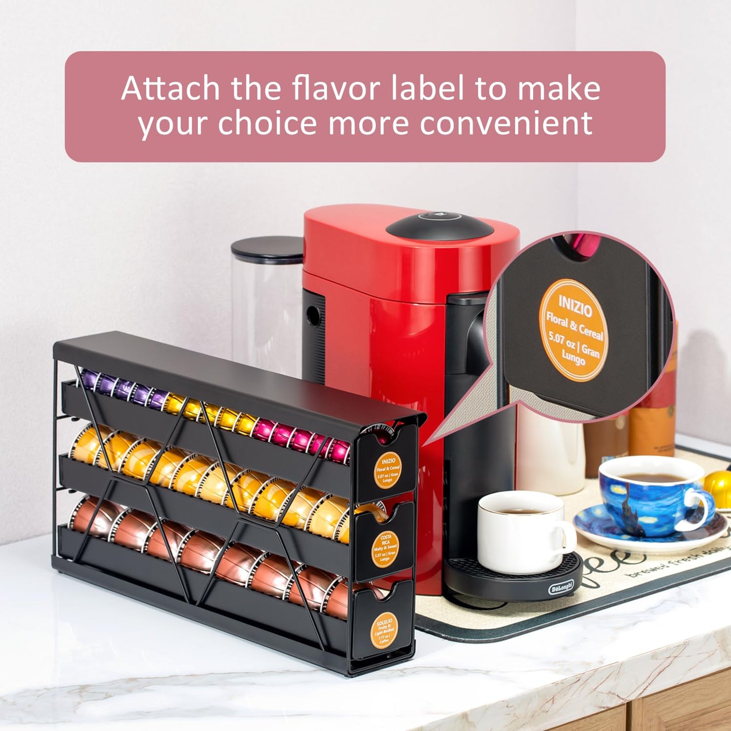 FlagShip 3-Tier Nespresso Pod Holder & Vertuo Coffee Capsule Organizer - Black Metal Space-Saving Storage Holds 30+ Pods Fits All Size Vertuo Pod