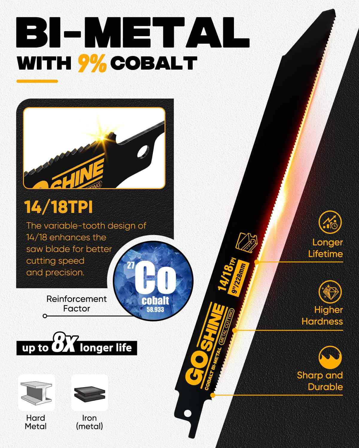 10 Pack 9 inch 14/18TPI Reciprocating Saw Blades, M42 Teeth with 9% Cobalt Bi-Metal Blades,for Automatic Dismantling Sawzall Blades for 1/16-5/16 Medium Metals
