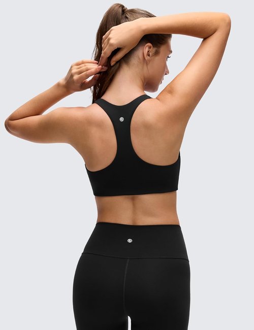 CRZ YOGA Butterluxe Racerback Sports Bra - Supportive Padded Wireless V-Neck Crop Top for Women