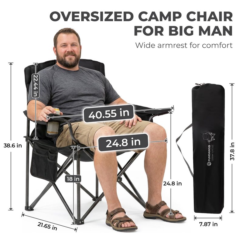 FUNDANGO Oversized Camping Chair for Adults, Heavy Duty Portable Foldable Lawn Chair with Padded Seat & Back, Lumbar Support, 4-can Cooler & Cup Holder, Carry Bag Included for Outdoor