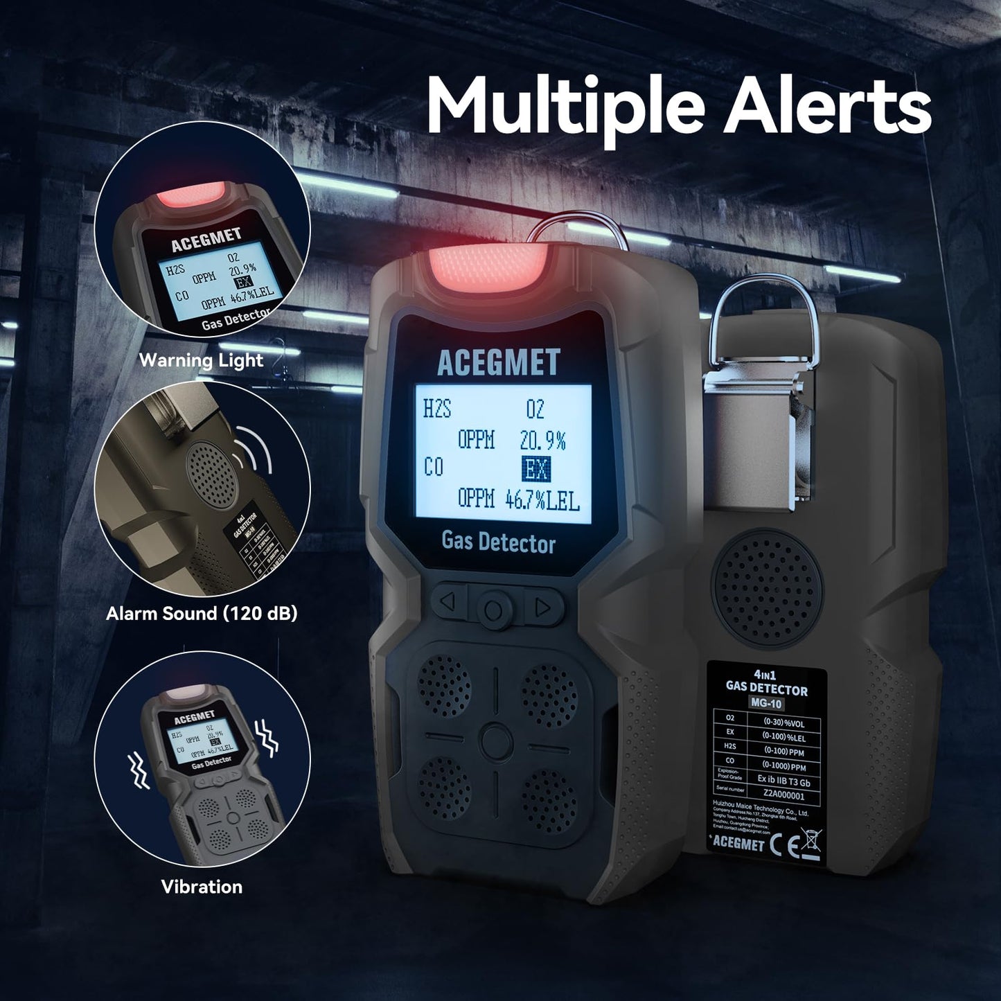 ACEGMET Gas Detector, 4 Gas Monitor Multiple Indicator (Vibration, Audible, Visual) H2S, O2, CO and LEL 4 Gas Monitor Personal Rechargeable 4 Gas Meter 2 Years of Sensor Life Gas Sniffer
