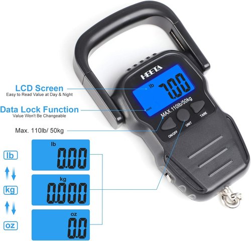 HEETA Digital Fish Scale - Backlit LCD Display, 110lb Capacity, Includes Hook & Measuring Tape