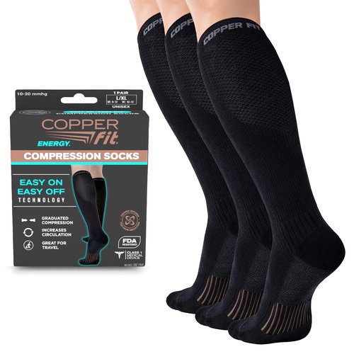 Copper Fit® Energy Graduated Compression Socks for Men & Women | Easy On, Easy Off | Circulation & Swelling Relief | Ideal for Travel, Nurses, Running, & Recovery (Black, 3 Pack LXL)