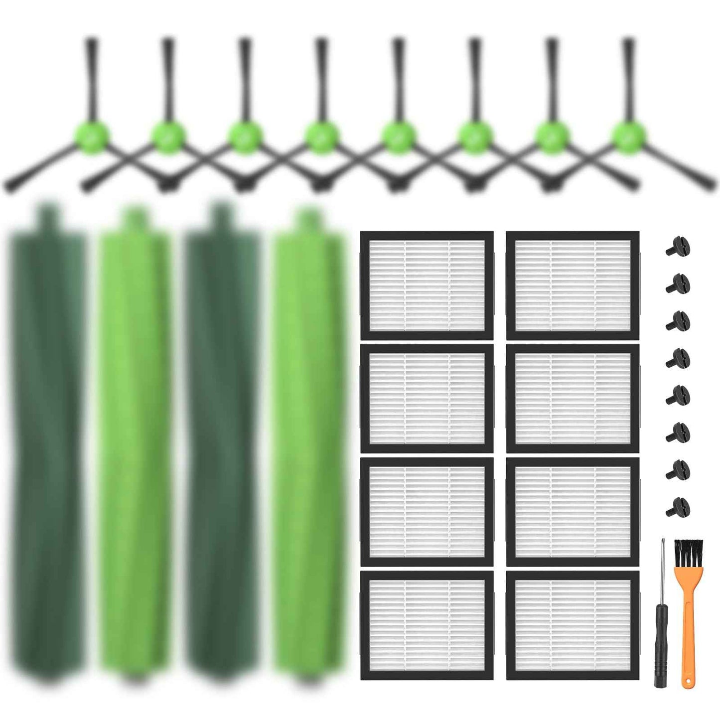 Replacement Parts for iRobot E, I & J Series, Combo i5, j5 Robot Vacuum Accessories Kit Include: 2 Set of Multi-Surface Rubber Brushes + 8 HEPA Filters + 8 Edge-Sweeping Brushes