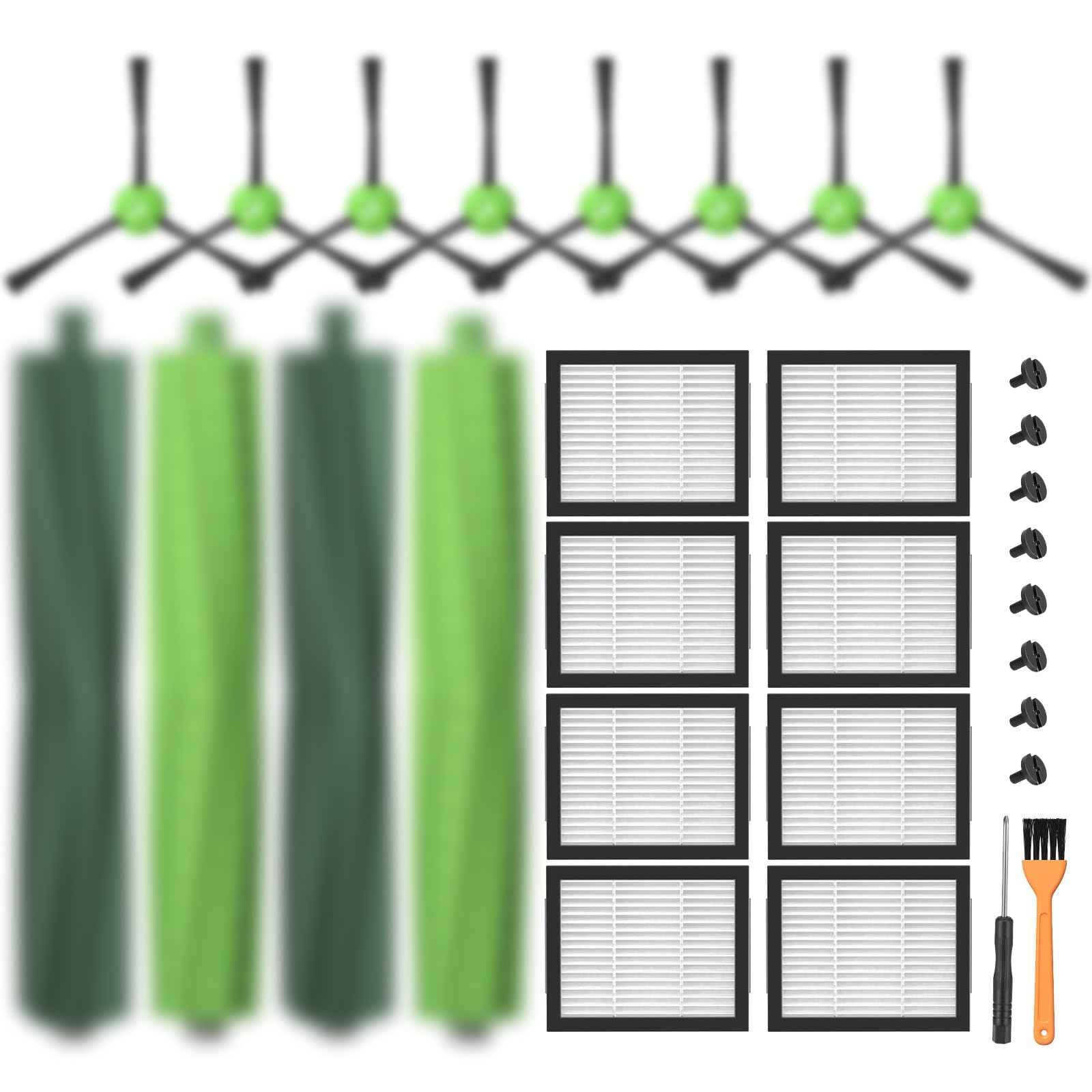 Replacement Parts for iRobot E, I & J Series, Combo i5, j5 Robot Vacuum Accessories Kit Include: 2 Set of Multi-Surface Rubber Brushes + 8 HEPA Filters + 8 Edge-Sweeping Brushes