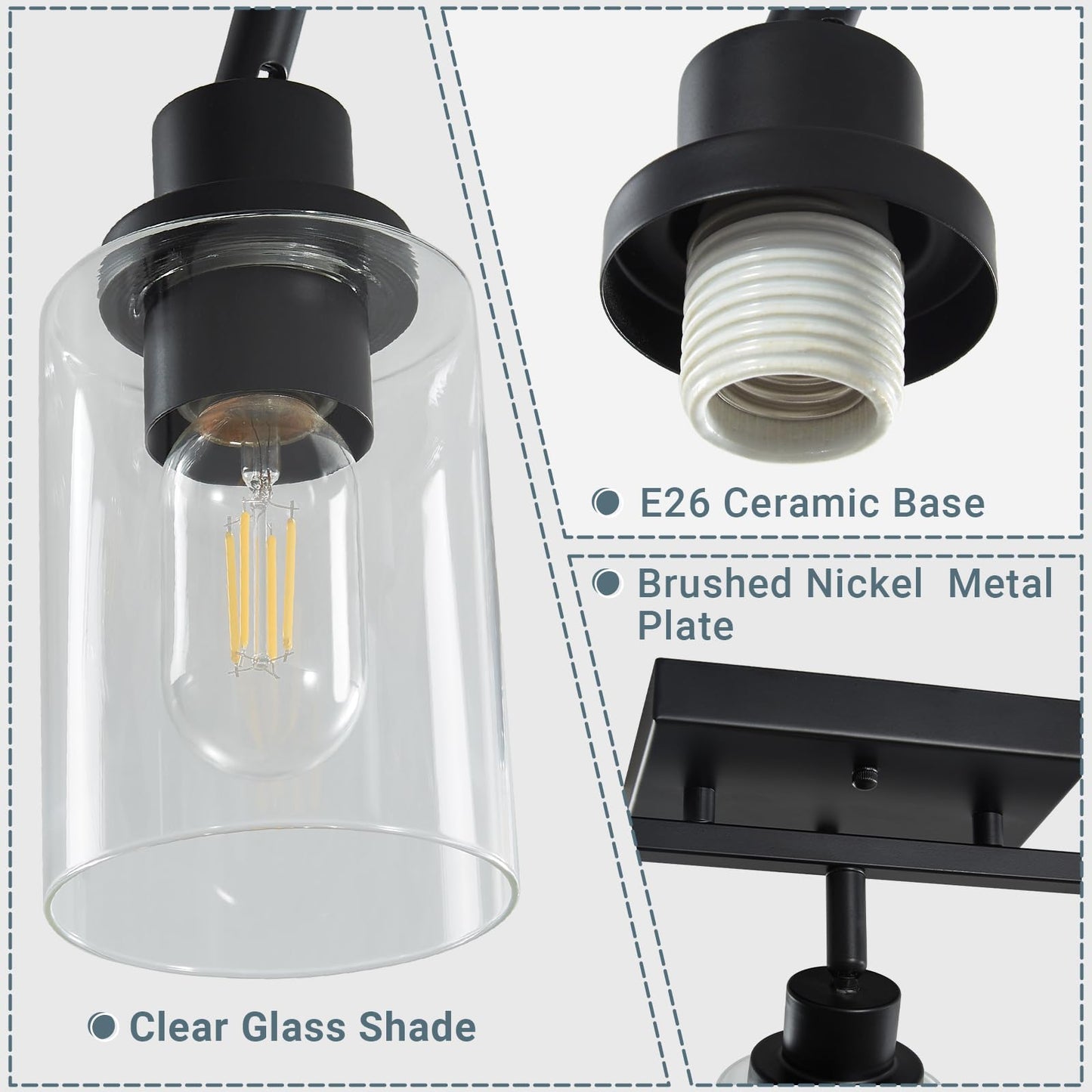 LOUSACE 3 Light Kitchen Track Light Fixtures Ceiling Vanity Lights Black, Bathroom Track Lighting Kit w/Rotatable Heads & Clear Glass Shade, Modern Wall Ceiling Tracking Light for Accent Shop Hallway