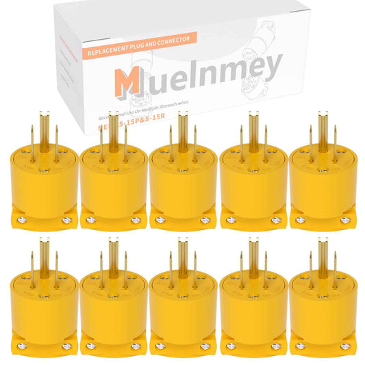 Muelnmey Extension Cord Ends Electrical Replacement Plug NEMA 5-15P 15A 125V 2Pole 3Wire Yellow Shell Industrial Grade 3-Prong Male Straight Blade Grounding Type,UL Listed. 10PCS