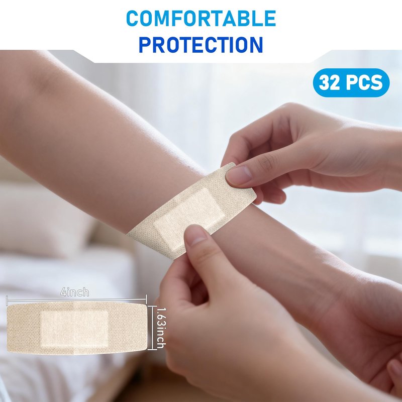 CareUs Silicone Adhesive Bandages for Sensitive Skin, 1.6x4 Inch 32 Count Large Flexible Fabric Latex Free Hypoallergenic Breathable Bandages for Adhesive Allergy Wounds
