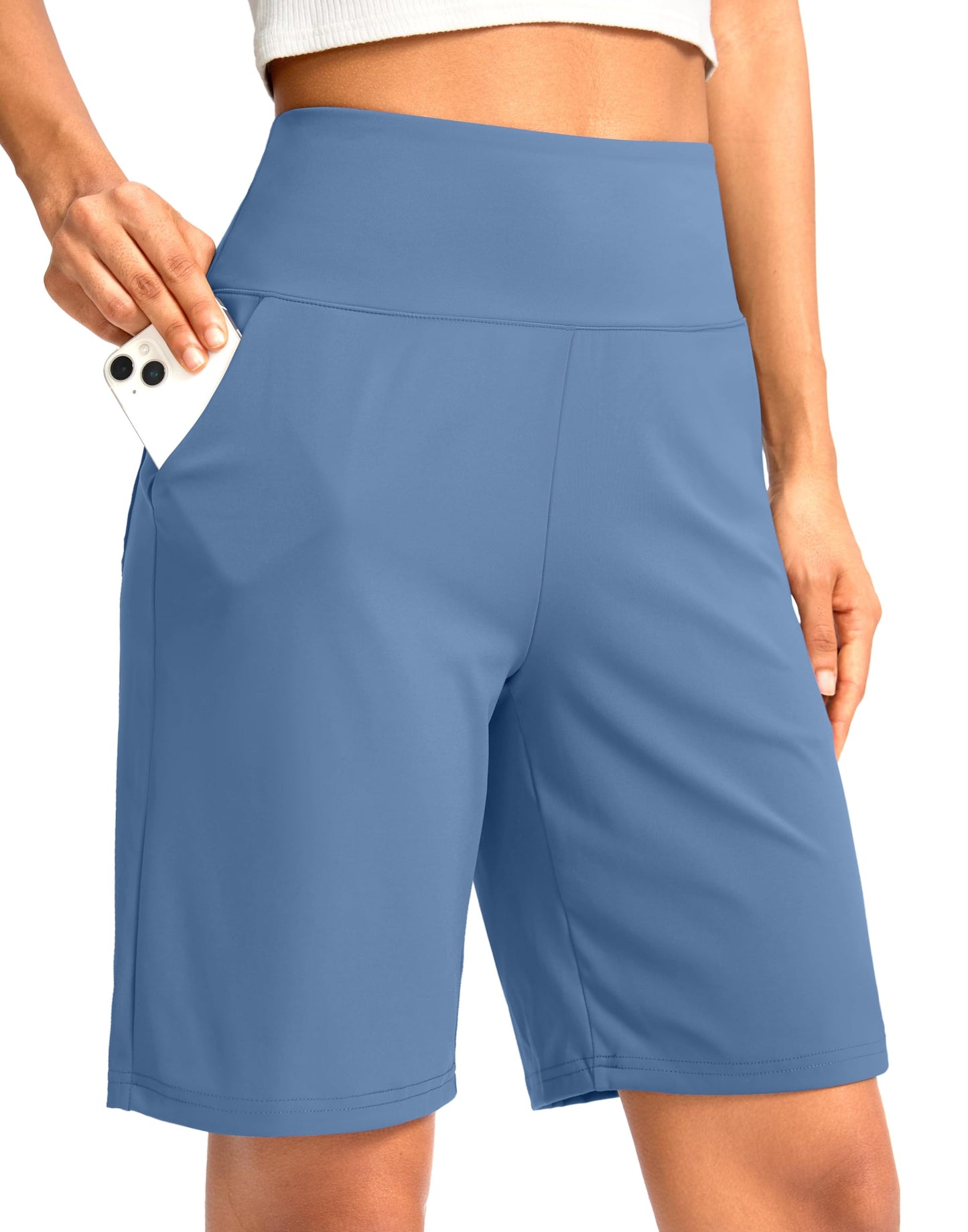 G Gradual Women's Bermuda Long Shorts with Pockets 9" High Waisted Knee Length Shorts for Women Walking Athletic Workout(Light Blue,L)
