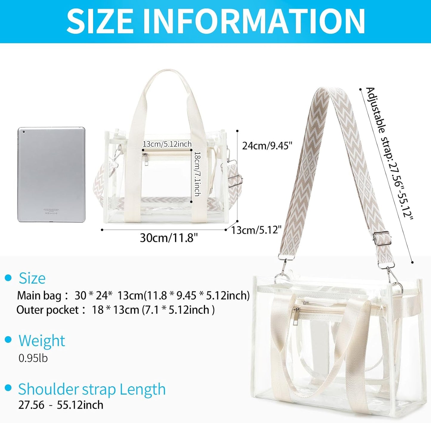 Skiennix Clear Stadium Bag - Large Tote with Inner & Outer Zipper Pockets for Events, Concerts, Beach